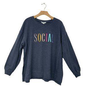 Wildfox Sweatshirt Pullover Womens XL Navy Crew Neck Long Sleeve Embroidered